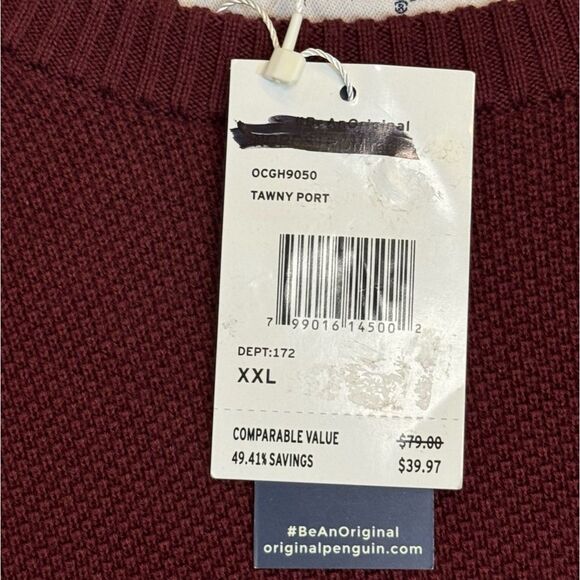 Original Penguin Men's Crewneck Pullover Tuck Stitch Maroon Sweater NWT XXL - Picture 4 of 12
